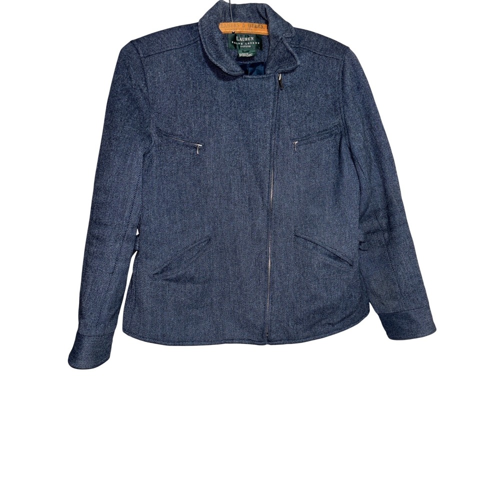 Lauren Ralph Lauren 10Petite Lambswool Blue Gray Herringbone Moto Jacket Petite